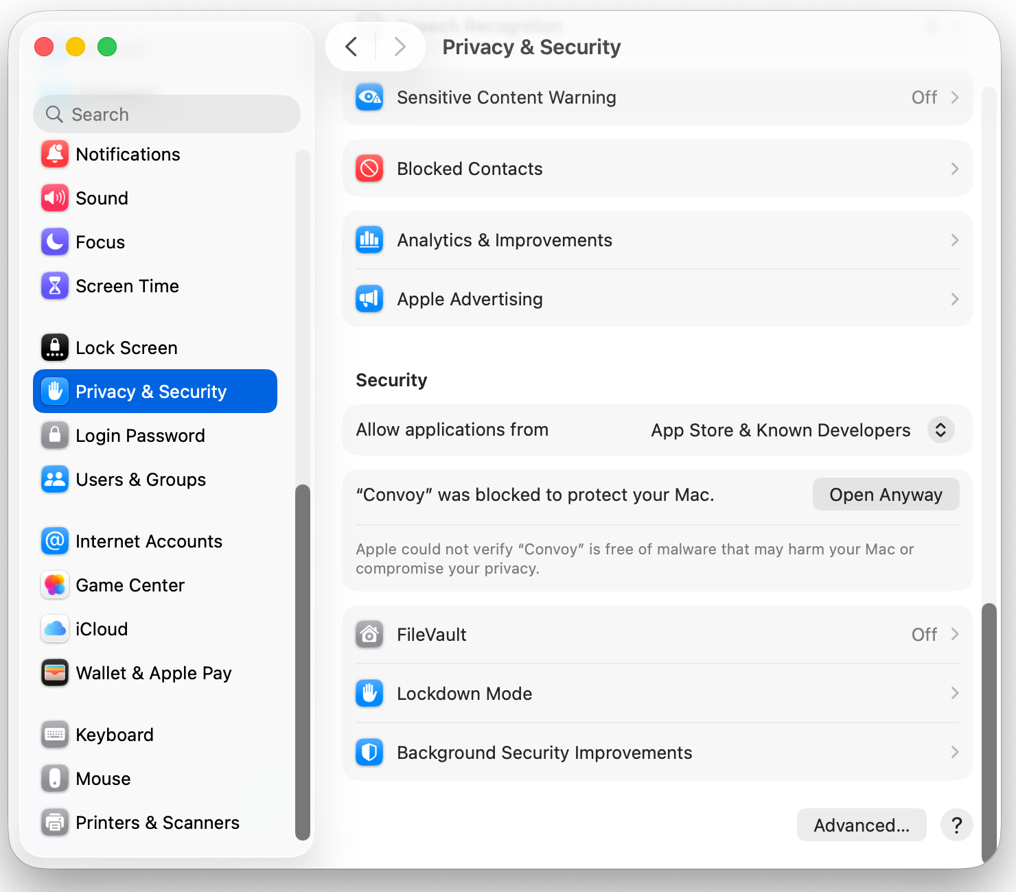 System Settings, Privacy & Security, showing &ldquo;Convoy was blocked to protect your Mac&rdquo; with an Open Anyway button